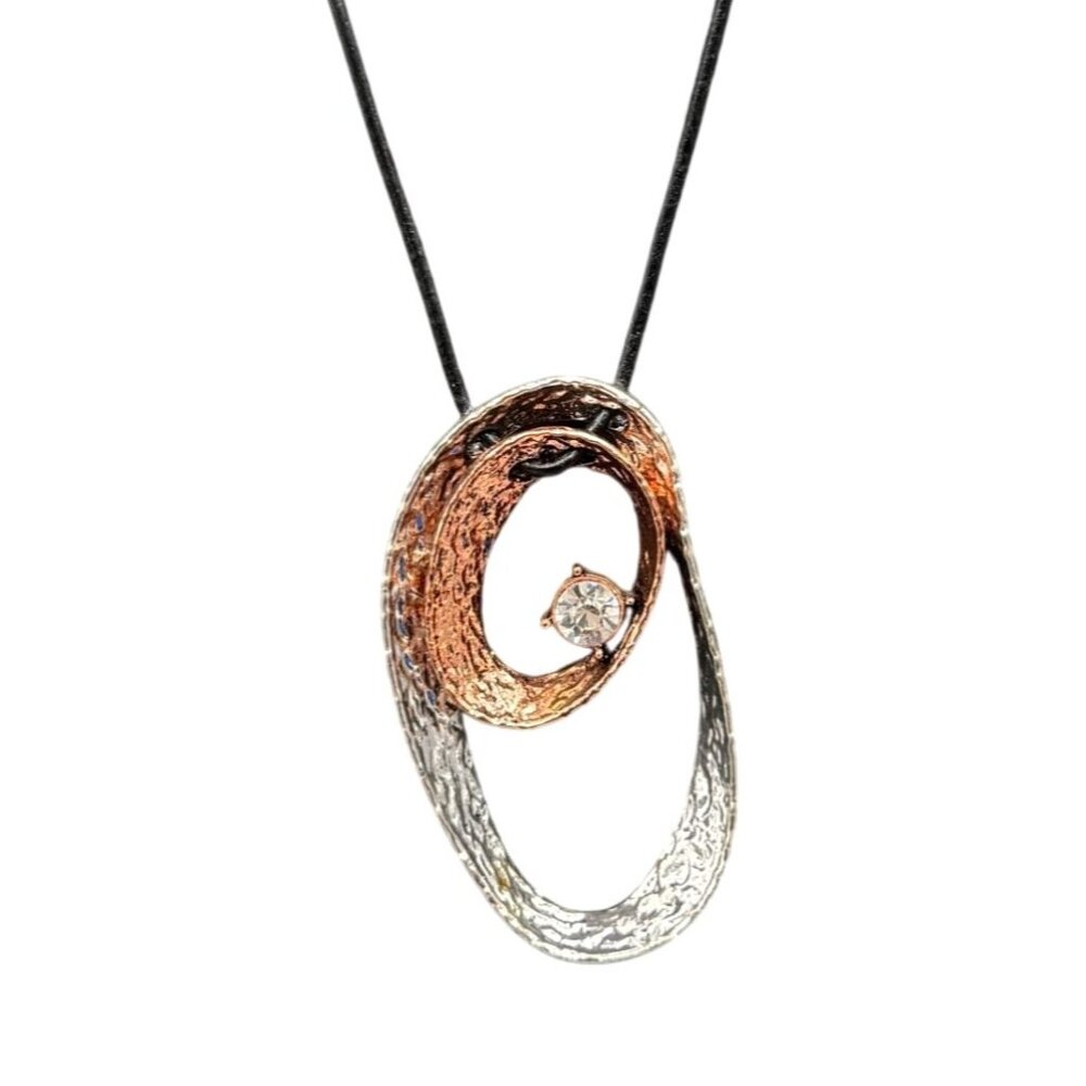 Clear Rhinestone Textured Open Oval Pendant Black Cord Necklace Modernist